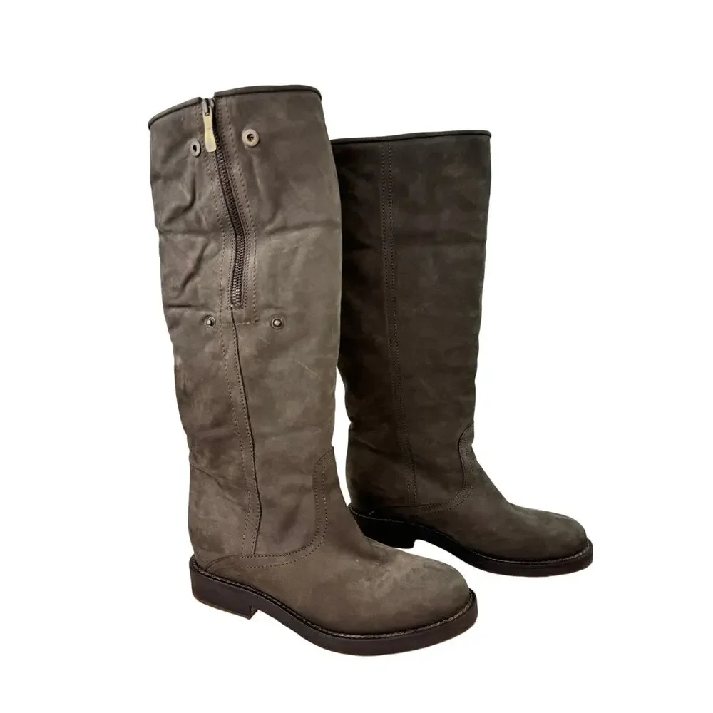 Le Jabot Suede Knee-High Boots Shearling Lined Convertible Fold Over Brown Sz 39